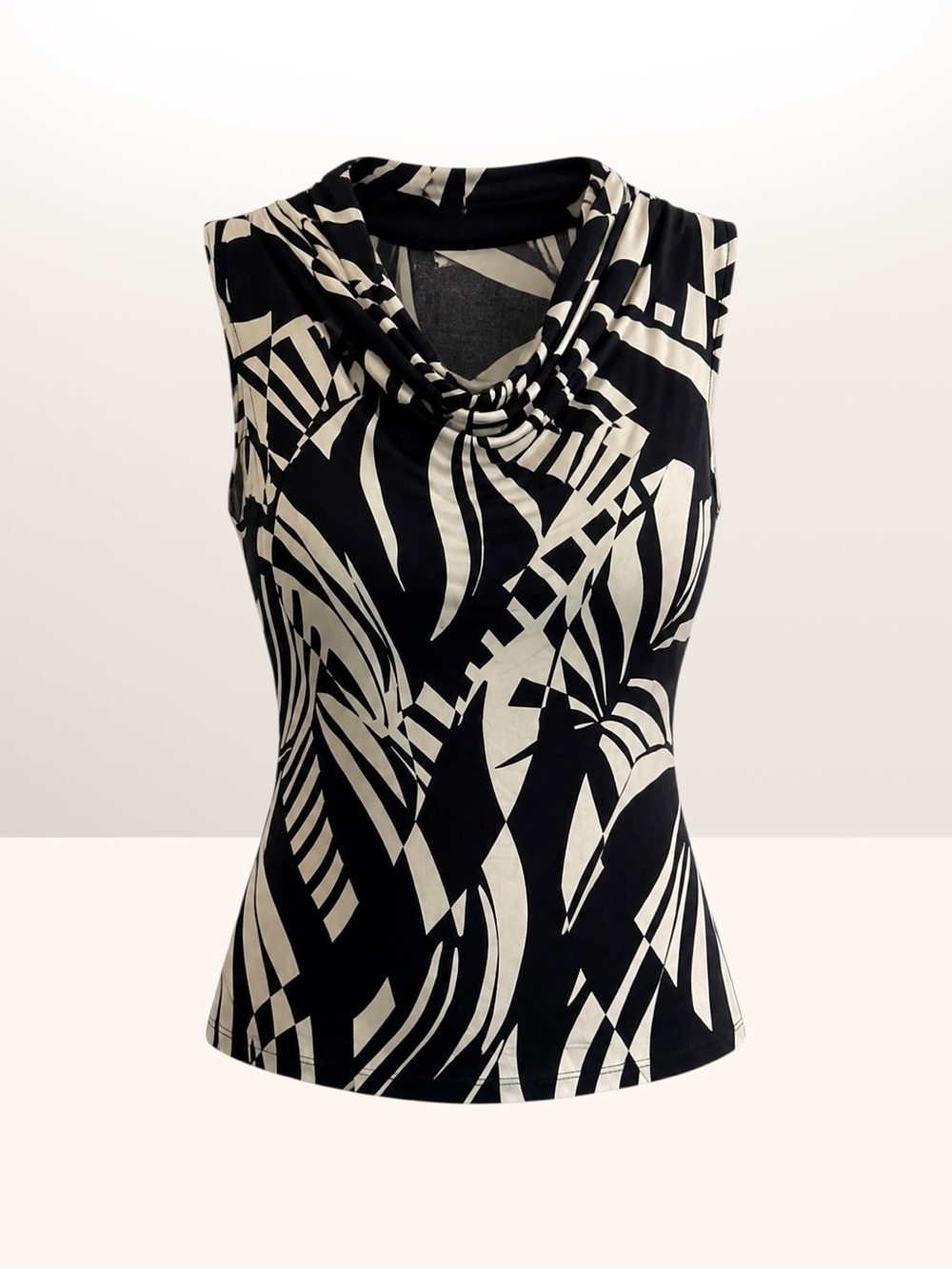 Tahari Black & White Printed Sleeveless Cowl Neck Top